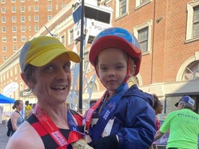 Chippewa Secondary School graduate Lucas McAneney clinched first place in the Buffalo Marathon May 29. He won the race with his two-year-old son Sutton while pushing him in a stroller.