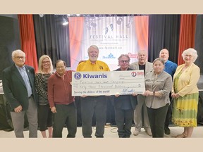 The Kiwanis Club of Pembroke recently donated $53,000 towards the renovations and seat replacement project at Festival Hall Centre for the Performing Arts in Pembroke. Taking part in the donation was, from left, Pembroke Mayor Mike LeMay, Festival Hall committee member Laurentian Valley Councillor Jennifer Gauthier-Kuehl, Kiwanian Raghavan Vijay, Kiwanis President Robert Lauder, Festival Hall director Rick Wharton, Kiwanian Mac Plante, Kiwanian Nora Waddell, Festival Hall committee chairman Petawawa Coun. Murray Rutz and Kiwanian Lorraine Bertrand. Anthony Dixon