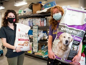 Cree Toner, a community program co-ordinator with the Humane Society of Kitchener Waterloo and Stratford Perth (right), and Jennifer Morris, a community and family services manager for the Stratford area’s Salvation Army branch, carry bags of pet food inside the humane society’s Stratford location. The humane society announced this week the expansion of its emergency pet food bank with local partners. Chris Montanini/Stratford Beacon Herald