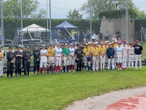 Sudbury Voyageurs pose for a photo alongside fellow all-stars at the Premier Baseball League of Ontario All-Star Game in Oshawa, Ontario on Saturday, June 11, 2022.