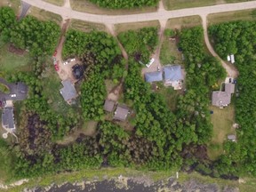 An aerial shot of the damage caused by a backyard fire at a home in Aurora Place, east of Ardrossan. Photo courtesy SCES