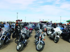 Bikes lined the parking lot of Blackjacks Roadhouse in Nisku for the Ride for Dad, June 11. The riders took to the streets shortly after 10 a.m. (Peter Williams)