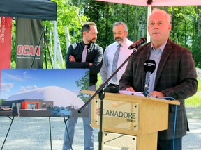 Canadore College president George Burton addresses media and dignitaries Thursday as plans for a recreation and sport complex are unveiled at the Commerce Court Campus.
PJ Wilson/The Nugget