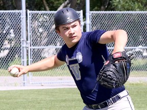 Alex Frawley of the Sudbury 16U Voyageurs takes part in a practice at Terry Fox Sports Complex in Sudbury, Ontario on Thursday, June 16, 2022. Frawley now suits up for the 18U squad.