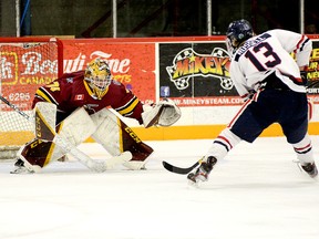 The Timmins Rock have traded goalie Gavin McCarthy, shown here making a save during Game 1 of the NOJHL East Division semifinal series against the French River Rapids, to the OJHL’s Oakville Blades in exchange for a player development fee. McCarthy led all NOJHL goalies in wins during this second campaign in a Rock uniform. THOMAS PERRY/THE DAILY PRESS