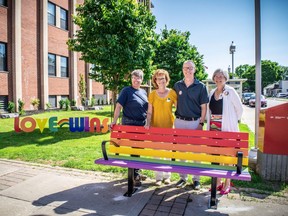The Chatham-Kent Health Alliance unveiled a Pride-themed bench this past week. Shown from left are Marianne Willson, CK Pride board chair, Janet Johnston, retired CKHA pharmacist, Dr. Ian Johnston, and Lori Marshall, CKHA president and CEO. The bench is a gift from the Johnstons. (Handout)