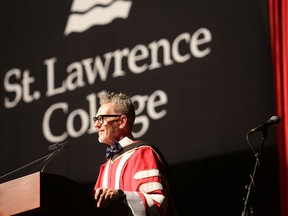 Glenn Vollebregt, president and CEO of St. Lawrence College, speaks to graduates and family members at the St. Lawrence convocation at the Leon’s Centre in Kingston on Friday. The college held three graduation ceremonies: one on Thursday evening and two on Friday.
