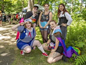 Among a large crowd attending Pride in the Park on Saturday at Mohawk Park in Brantford were (front row, from left) Madison Wintemute and Abrianna Money;  and (back row) Charlie Taylor, Josephine Hutchings, and Erica Nichol.