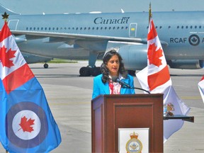 Canada’s Minister of National Defence Anita Anand, centre, announced at 8 Wing Trenton Monday $4.9 billion in new spending to increase NORAD ability to monitor continental threats to North America from beyond through the high Arctic. She was joined by (from left) Gen. Wayne Eyre, chief of defence staff and Lieut.-Gen. Alain Pelletier, deputy commander, North American Aerospace Defence Command (NORAD). DEREK BALDWIN