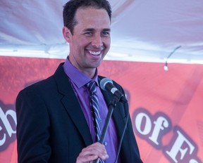 Londoner Jeff Francis laughs during his speech at the Canadian Baseball Hall of Fame.  He was inducted into the ball hall June 18, 2022. Chris Montanini/Stratford Beacon Herald