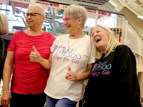 Maria Burgess, Sharon Vanderburg and Valerie Pluss participate in a flash mob for Soo Sings for Kids at Rome's Your Independent Grocer on Saturday, June 18, 2022 in Sault Ste. Marie, Ont. (BRIAN KELLY/THE SAULT STAR/POSTMEDIA NETWORK)