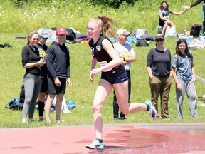 Maren Kasunich from Manitoulin Secondary School competes in the steeplechase during the Royal Canadian Legion District H Track and Field Championships at the Laurentian Community Track Complex in Sudbury, Ontario on Saturday, June 18, 2022.