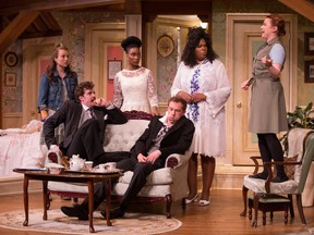 The British farce "Perfect Wedding" — starring, from left, Rachel VanDuzer, Dan Moussea, Reena Jolly, Nathan Howe, Alana Bridgewater and Jenny Weisz — is now playing at the Thousand Islands Playhouse. Randy deKleine-Stimpson/Submitted photo