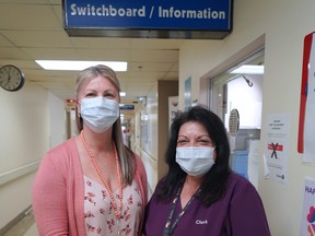 Amy Adams (left), manager of health information services with the Brant Community Healthcare System, with switchboard service clerk Lucy Taylor. Submitted