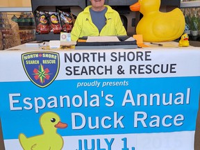 Long-time Espanola Lions Club member, Rock Taylor, was manning the duck table at FreshCo on Sat. June 18, helping out the North Shore Search & Rescue organization with their annual fundraiser. Taylor is just one of many volunteers selling tickets for the 23rd Annual Duck Race which takes place on July 1, Canada Day.