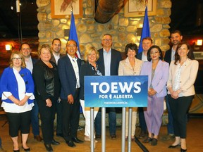 Travis Toews, pictures with some of the UCP caucus backing him, including Fort Saskatchewan-Vegreville MLA Jackie Armstrong-Homeniuk, Energy Minister Sonya Savage, Justice Minister Tyler Shandro and Community and Social Services Minister Jason Luan. PHOTO BY DARREN MAKOWICH / Postmedia.