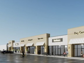 An architectural rendering of what the new commercial development will look like at the corner of Third Avenue and Range Road 222 in Ardrossan. Photo courtesy Strata Development
