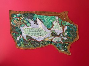 The county plans to install two temporary Indigenous art pieces before a permanent memorial is created to honour those impacted by residential schools. This artwork depicting Cooking Lake is one of four mixed-media pieces created by Métis Artist Heather Shillinglaw. It is expected to be installed in the Community Centre in September. Photo courtesy Heather Shillinglaw