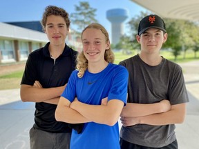 Advocating on behalf of the Canadian Cancer Society in the Youth Philanthropy Initiative (YPI) Project was an easy choice for Stratford District secondary school Grade 10 civics students, from left: Nate Framst, Josh Whittaker and Brett Knechtel.