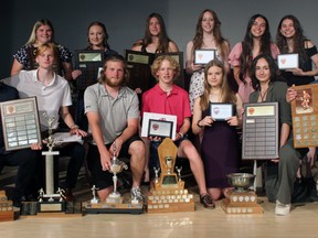Pauline Johnson Collegiate recently held its annual athletic banquet. Major award winners are: Sarah Fielding (back, left), Award of Merit; Cassidy Chapin, 2022 Ed O'Leary winner; Chloe Duval, 2021 Ed O'Leary nominee; Hannah Inkes, Greg Woodcroft Memorial Award; Niomie Cronk, Volunteer of the Year co-winner; Cavelle Sproule, Volunteer of the Year co-winner; Ameera Iqbal, Junior Female Athlete of the Year; Zach Ebert (front, left), Senior Male Athlete of the Year; Ryan Crabb, Greg Woodcroft Memorial Award; Wyatt Salzer, Ed O'Leary nominee; Lucas Fielding, Alan Savage Memorial Award; Quinton Luscombe, Junior Male Athlete of the Year; Alex Barton, Excellence in Student Athletics; Ella Williams, Senior Female Athlete of the Year; Aiden Williams, Robert Freeman Memorial Award; and Esabel Hassoun (absent), Volunteer of the Year co-winner. Submitted