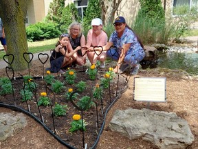 Susie's Heart Garden, located in the courtyard of McNaughton Avenue Public School, honours residential school survivor Susie Jones, who shared her story to help educate others, including several students at the Chatham elementary school. Taking part in the ceremony were, from left, student Ayla Waites, 5, kindergarten teacher Margie Lamoure, student Zoe Niven, 12, and Susan Jones, daughter of Susie Jones. (Ellwood Shreve/Chatham Daily News)