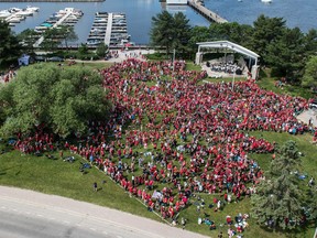 About 3,700 people formed up in the shape of a maple leaf, Wednesday, at Armed forces Day in North Bay. That was about 240 short of the current world record.
Cpl. Julianna Bullfrog-Wabanonik, 22 Wing Imagery Technician