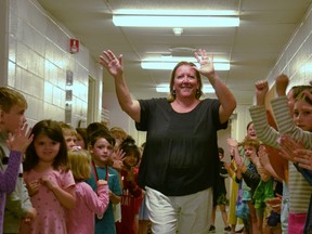 After 24 years as a school principal in Stratford and Mitchell and a total of 34 years as an educator, Bedford Public School principal Paula Robinson bade farewell to students and staff on the last day of school before summer holidays and her last day before retirement on Monday. (Galen Simmons/The Beacon Herald)