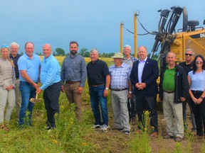 Jamie Chatten, president of the Belleville Agricultural Society and Belleville Mayor Mitch Panciuk, centre, (holding shovel)  were joined by project supporters to break ground Wednesday of the new Belleville Agricultural Fairgrounds. DEREK BALDWIN