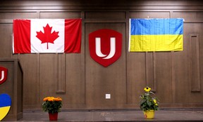 A Canadian flag and Ukrainian flag at a potluck and community appreciation dinner welcoming newly arrived Ukrainian families Friday, June 24, 2022 at the Unifor building in downtown Fort McMurray.  Laura Beamish/Fort McMurray Today/Postmedia Network