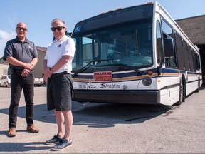 A new stop has been added to Stratford’s on demand weekend bus service – the Stratford Perth Museum. Michael Mousley, Stratford’s transit manager (left), and John Kastner, the museum’s general manager, made the announcement this week. Chris MontaniniStratford Beacon Herald