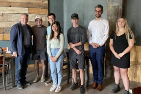 Five of the seven young, local entrepreneurs that received grant funding and support through this year's Ontario Summer Company Program joined local politicians and staff from the Stratford Perth Center for Business at Jobsite Brewing in Stratford for a program-launch luncheon Wednesday.  Pictured from left are Stratford Mayor Dan Mathieson, Noah Rusen-Steele (Clear Cut Painting Co.), Ethan Weber (Home Check), Chloe Modaragamage (Chloe Candle Co.), Kaleb Roth (RPM Roth Property Maintenance), Perth-Wellington MPP Matt Rae, and Blythe Trudgeon (BT Stratford Interiors).  Missing are Matthew Slater (SL4TES Entertainment) and Aaron Vernooy (Vernooy Agri-Services).  Submitted photo