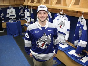 Sudbury Wolves goaltender Joe Ranger poses for a photo inside his new team's dressing room at Sudbury Community Arena in Sudbury, Ontario on Thursday, June 30, 2022. Ranger was acquired in a trade with the Mississauga Steelheads.