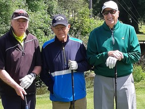 Avid golfers Bill Lemmon (left), Don Kinsman and Harold Wisternoff stop for a brief photo during action last week. Wisternoff and Lemmon are former principals at Mitchell District High School (MDHS), and although Lemmon is 83, and struggles to shoot his age, the just turned 90-year-old Wisternoff can! SUBMITTED