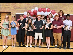 The John McGregor Secondary School athletic award winners include, front row, left: Avery Krouse, junior athlete of the year; Keera Thompson, most improved; Jade Unsworth, athlete of the year; Jayden Jefferson, Paul Herfst Award; Ben Robertson, athlete of the year and Kevin Houston Memorial Award; Cadance Beuckelare, most dedicated; Nick Crone-Moore, Kevin Houston Memorial Award; and Jeisiah Van Dusen, junior athlete of the year. Back row: Nathanial Van Eyk, most improved; Brady Marks, most dedicated; Maddux Swayze and Oliver Brady, academic athletes of the year; and Zach Clarke, Robinson Bruette Award. Photo taken at John McGregor Secondary School in Chatham, Ont., on June 8, 2022. (Contributed Photo)