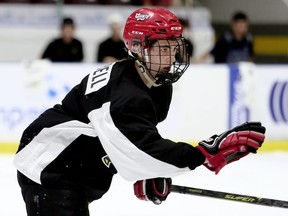 Third-round draft pick Carson Campbell plays at the Sarnia Sting's orientation camp at Progressive Auto Sales Arena in Sarnia, Ont., on Saturday, May 21, 2022. Mark Malone/Chatham Daily News/Postmedia Network