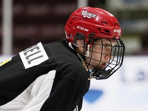 Third-round draft pick Carson Campbell plays at the Sarnia Sting's orientation camp at Progressive Auto Sales Arena in Sarnia, Ont., on Saturday, May 21, 2022. Mark Malone/Chatham Daily News/Postmedia Network