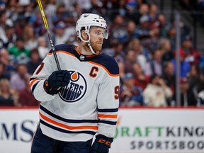 Edmonton Oilers centre Connor McDavid (97) faces the Colorado Avalanche in Game 2 of their Western Conference final of the 2022 Stanley Cup playoffs at Ball Arena on Thursday, June 2, 2022.