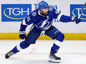 Tampa Bay Lightning centre Steven Stamkos (91) reacts after scoring a goal against the New York Rangers in the third period in Game 6 of the Eastern Conference final of the 2022 Stanley Cup playoffs at Amalie Arena in Tampa, Fla., on June 11, 2022. (Nathan Ray Seebeck-USA Today Sports)