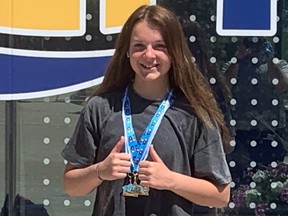 Hannah Thompson of the Blenheim Blast won three gold medals at the 2022 Ontario youth-junior summer swimming championships in Markham, Ont. (Contributed Photo)