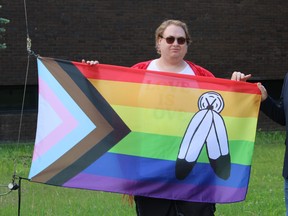 The Two Spirit Progress Pride Flag designed by Pride YMM committee chair Mithcel Bowers at Keyano College for the opening ceremonies of Pride Week on Sunday, June 20, 2022. Vincent McDermott/Fort McMurray Today/Postmedia Network