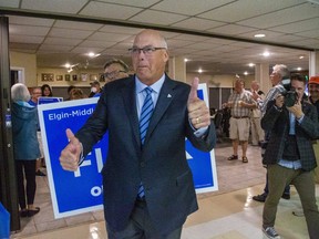 Rob Flack enters the Columbus Club in St. Thomas, Ontario where supporters gathered to celebrate his election to MPP in the riding of Elgin Middlesex London on Thursday June 2, 2022. (Derek Ruttan/The London Free Press)
