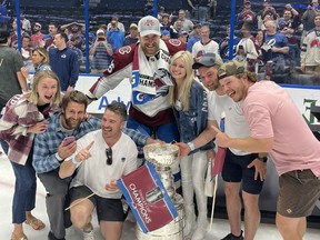 Sauble Beach's Kurtis MacDermid celebrates with family and friends on the ice at Tampa's Amalie Arena after MacDermid and the Colorado Avalanche won the Stanley Cup in a 2-1 Game 6 victory over the Tampa Bay Lightning. Several friends from the Grey-Bruce area made the trip to Tampa and took part in the post-game celebrations with Lord Stanley's Cup. From left to right: Drew MacDermid, Lane MacDermid, Austin Russell, Kurtis MacDermid, Mackenzie Tsalickis, John Morris and Dean Nixon.
