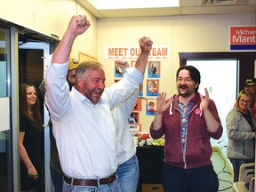 Photo by KEVIN McSHEFFREY
In Thursday’s provincial election, Michael Mantha was re-elected to represent the residents of Algoma-Manitoulin at Queen’s Park. He cheered when he heard the news of his win and was surrounded by some of his supporters.