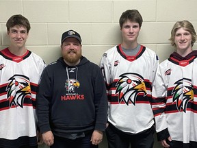 The Mitchell Hawks and Head of Hockey Operations Josh Keil (third from left) wasted no time in announcing the signing of five rookies to their 2022-23 PJHL roster last week: Brayden Vosper, Connor Lockhart, Zac McCann, Dawson Dietz and Talbot Geiger. All but McCann are graduates from the Mitchell minor hockey U18 program, with McCann playing in Stratford a year ago and has a Mitchell connection as his grandparents are Dave and Val Chessell. SUBMITTED
