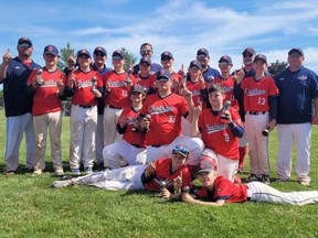 The Chatham 13U Diamonds celebrate their championship at the London Badgers baseball tournament in London, Ont., on Sunday, June 19, 2022. The Diamonds are, front row, left: Jackson Liberty and Elliot Crow. Second row: Colin Stevenson, Pearce Verhart and Bryden Parker. Third row: Logan Kuchta, Dryden DeCook, Roy Davidson, Carson Labute, Kayden Presley, Cam Arnold, Tiago Rolo and Owen Debicki. Back row: coaches Ryan Presley, Joe Liberty, Don DeCook, Don Arnold, Bryan Parker and Jonathan Presley. (Contributed Photo)