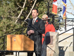 Banff-Airdrie MP Blake Richards at a Remembrance Day Ceremony in Airdrie, 2021.  Photo by Riley Cassidy/The Airdrie Echo/Postmedia Network Inc.