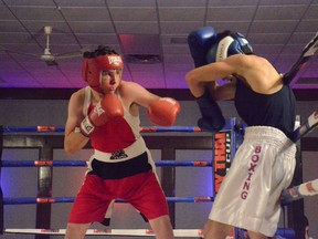 Calgarian Armon Bashiria keeps his defences up as Humble Boxing's Noah Janssen gets him up against the ropes at the first ever Rumble at Humble on June 17.