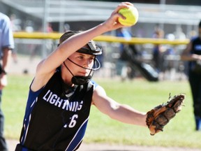 Ava Harmer, a pitcher with the Mitchell-based LiveWell4Life U13 Lightning girls fastpitch softball team, delivers to the plate during action from the Provincial Women's Softball Association (PWSA) tier 2 tournament in Stratford June 25. ANDY BADER/MITCHELL ADVOCATE