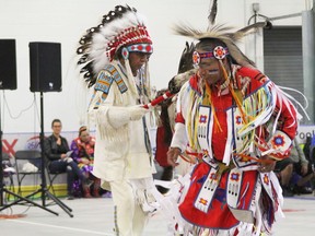 The Buffalo Nations Luxton Museum and the Iiniskim Powwow dance at the colourful cross-cultural gathering of Indigenous nations at the Banff Iiniskim Cross-Cultural Powwow on June 22. 2019. Photo Marie Conboy/Postmedia.