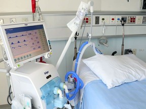 A ventilator stands beside a bed in the regional intensive care unit at Belleville General Hospital. No Quinte Health Care hospitals had inpatients with COVID-19 as of Tuesday morning, public health statistics showed.
